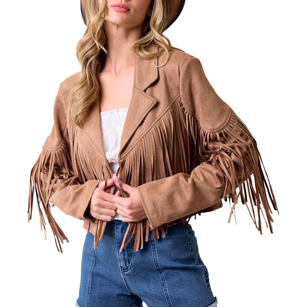 SAINTS & HEARTS WOMEN'S FRINGE SUEDE CROPPED JACKET
